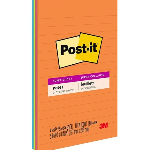 Post-it Sticky Notes<Super Sticky Notes, 5" x 8", Energy Boost Collection, Lined, 45 Sheet/Pad, 4 Pads/Pack (5845SSUC)