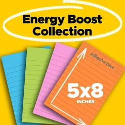 Post-it Sticky Notes<Super Sticky Notes, 5" x 8", Energy Boost Collection, Lined, 45 Sheet/Pad, 4 Pads/Pack (5845SSUC)