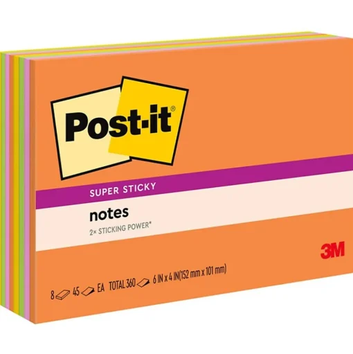 Post-it Sticky Notes<Super Sticky Notes, 4" x 6", Energy Boost Collection, 45 Sheet/Pad, 8 Pads/Pack (6445SSP)