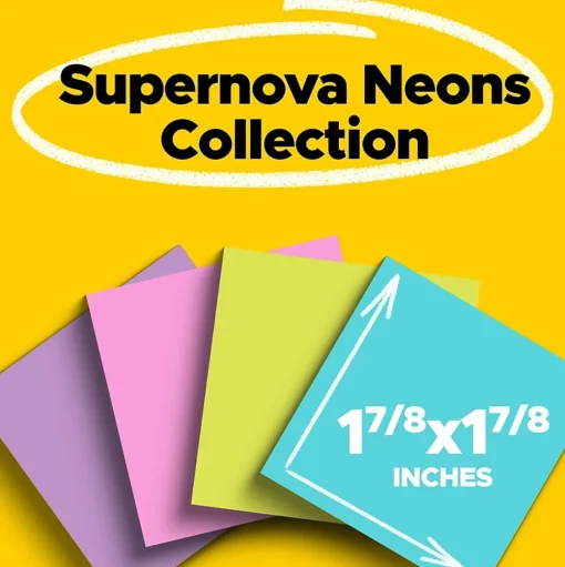 Post-it Sticky Notes<Super Sticky Notes, 1-7/8" x 1-7/8", Supernova Neons Collection, 90 Sheet/Pad, 8 Pads/Pack (622-8SSMIA)