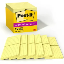 Post-it Sticky Notes<Super Sticky Notes, 4" x 4", Canary Collection, Lined, 90 Sheet/Pad, 12 Pads/Pack (675-12SSCP)
