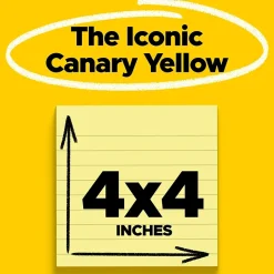 Post-it Sticky Notes<Super Sticky Notes, 4" x 4", Canary Collection, Lined, 90 Sheet/Pad, 12 Pads/Pack (675-12SSCP)