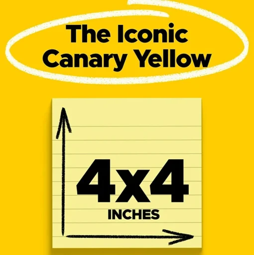 Post-it Sticky Notes<Super Sticky Notes, 4" x 4", Canary Collection, Lined, 90 Sheet/Pad, 12 Pads/Pack (675-12SSCP)