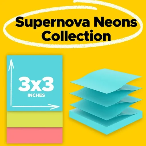Post-it Post-It Notes<Super Sticky Pop-up Notes, 3" x 3", Supernova Neons Collection, 90 Sheet/Pad, 10 Pads/Pack (R330-10SSMIA)