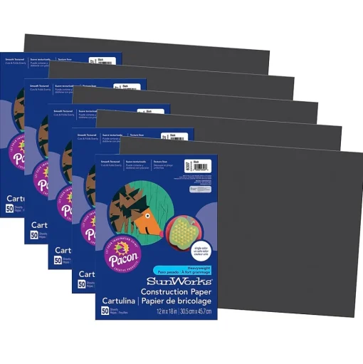 Prang Construction Paper<12" x 18" Construction Paper, Black, 50 Sheets/Pack, 5 Packs (PAC6307-5)