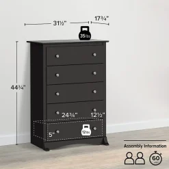 Prepac Storage Cabinets<44.75" Sonoma 5 Drawer Chest, Black (BDC-3345-K)