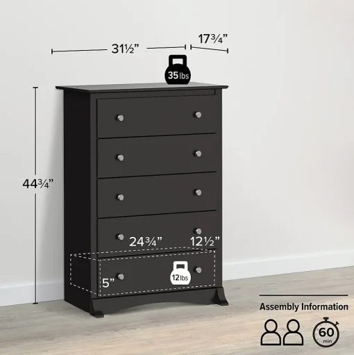 Prepac Storage Cabinets<44.75" Sonoma 5 Drawer Chest, Black (BDC-3345-K)