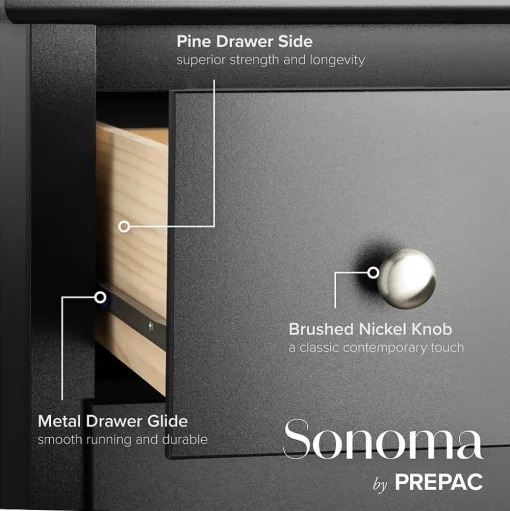Prepac Storage Cabinets<44.75" Sonoma 5 Drawer Chest, Black (BDC-3345-K)