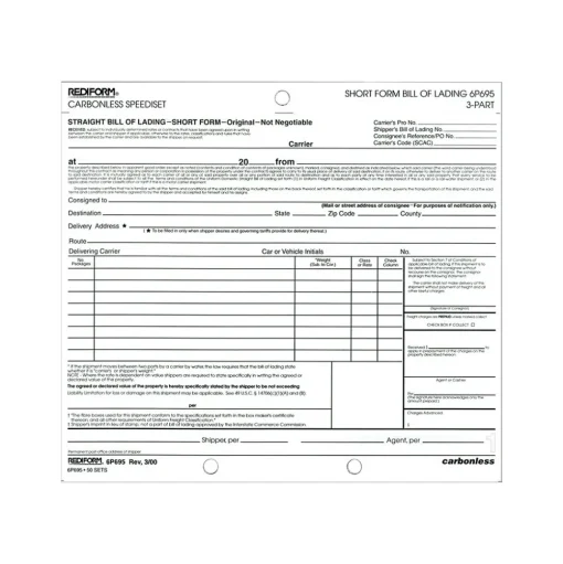 Rediform Business Forms<Speediset Polypacks 3-Part Carbonless Bill of Lading, 7"L x 8.5"W, 50 Sets/Book (RED6P695)