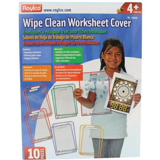 Roylco Dry Erase<Wipe Clean Worksheet Cover Dry-Erase Whiteboard, Plastic Frame, 9" x 12" (R-59040)