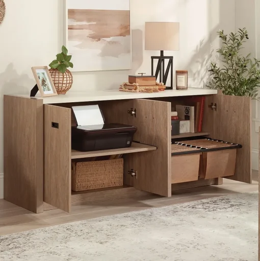 Sauder Storage Cabinets<Dixon City 30"H Storage Credenza with 2 Shelves, Brushed Oak (432894)