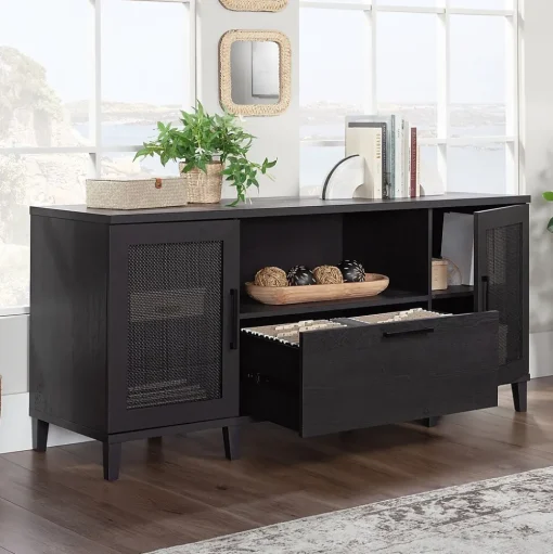 Sauder Storage Cabinets<Tiffin Line 30"H Storage Credenza with 3 Shelves, Raven Oak (433265)