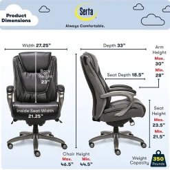 Serta Office Chairs<Big & Tall Ergonomic Bonded Leather Swivel Executive Chair, Black/Silver (44951)