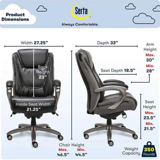 Serta Office Chairs<Big & Tall Ergonomic Bonded Leather Swivel Executive Chair, Black/Silver (44951)