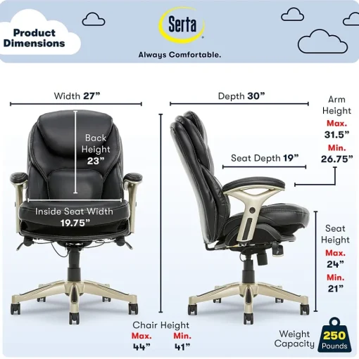 Serta Ergonomic Chairs<Claremont Ergonomic Leather Swivel Executive Chair with Back in Motion Technology, (CHR200006)