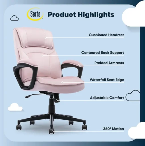 Serta Office Chairs<Comfort Classic Ergonomic Velvet Fabric Swivel Executive Chair, Pink (CCHR10005C)
