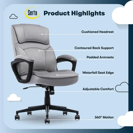 Serta Office Chairs<Comfort Classic Ergonomic Velvet Fabric Swivel Executive Chair, Gray (CCHR10005A)