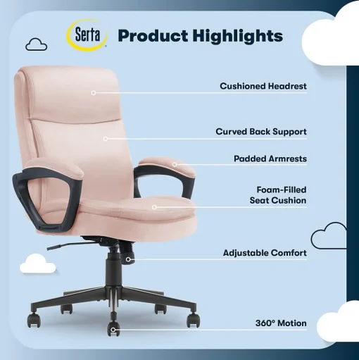 Serta Office Chairs<Comfort Ergo Ergonomic Velvet Fabric Swivel Executive Chair, Pink (CCHR10016D)