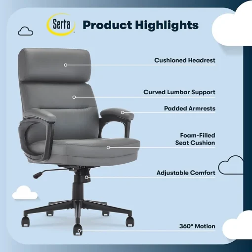 Serta Office Chairs<Comfort Ergonomic Bonded Leather Swivel Executive Chair, Gray (CHR10130C)