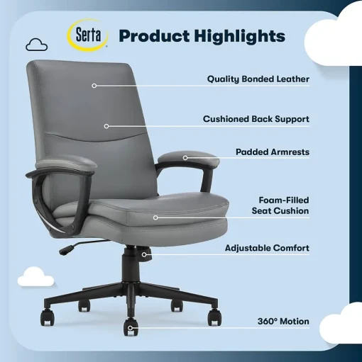 Serta Office Chairs<Comfort Modern Ergonomic Bonded Leather Swivel Executive Chair, Gray (CHR10132C)