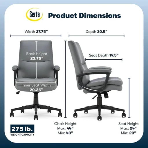 Serta Office Chairs<Comfort Modern Ergonomic Bonded Leather Swivel Executive Chair, Gray (CHR10132C)