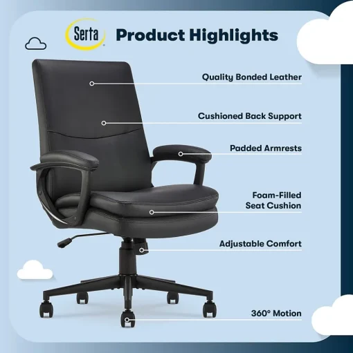 Serta Office Chairs<Comfort Modern Ergonomic Bonded Leather Swivel Executive Chair, Black (CHR10132A)