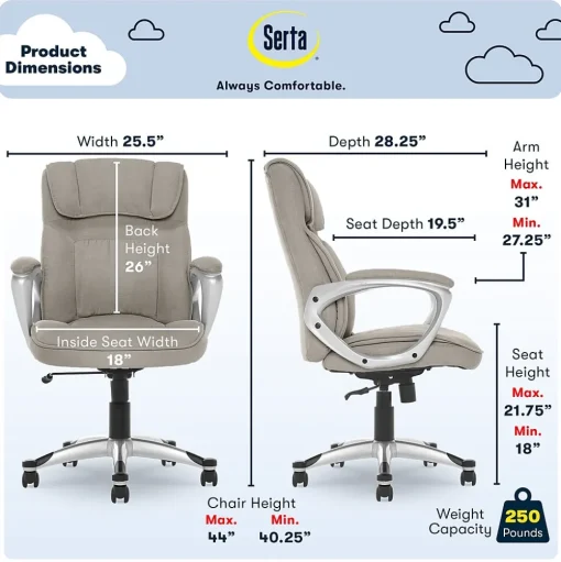Serta Office Chairs<Cyrus Ergonomic Fabric Swivel Executive Chair, Glacial Gray (47910)