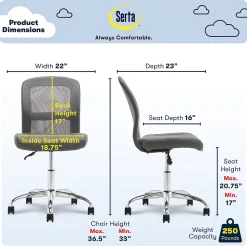 Serta Ergonomic Chairs<Essentials Armless Ergonomic Bonded Leather/Mesh Swivel Task Chair, (48740A)
