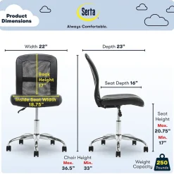 Serta Ergonomic Chairs<Essentials Armless Ergonomic Bonded Leather/Mesh Swivel Task Chair, (48740)