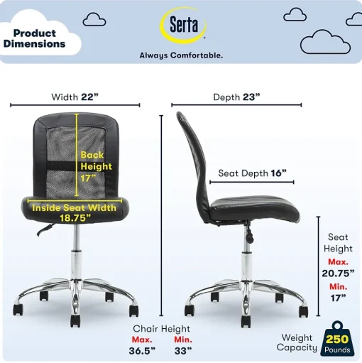 Serta Ergonomic Chairs<Essentials Armless Ergonomic Bonded Leather/Mesh Swivel Task Chair, (48740)