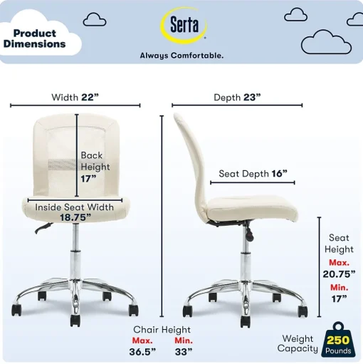 Serta Ergonomic Chairs<Essentials Armless Ergonomic Bonded Leather/Mesh Swivel Task Chair, (48740B)