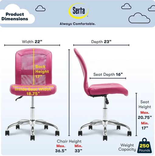 Serta Ergonomic Chairs<Essentials Armless Ergonomic Bonded Leather/Mesh Swivel Task Chair, (48740E)