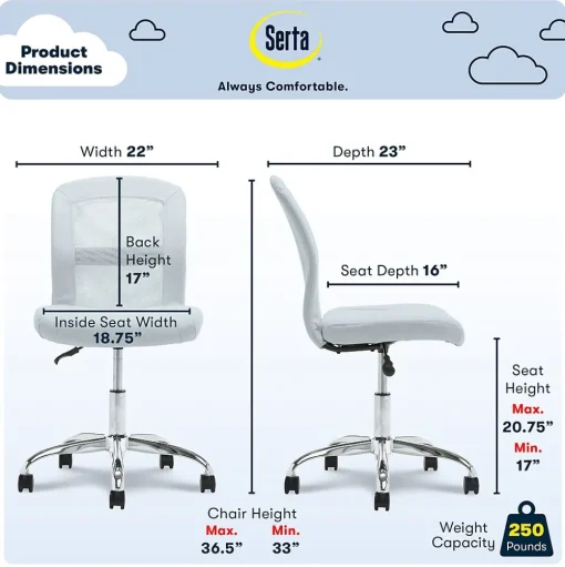 Serta Ergonomic Chairs<Essentials Armless Ergonomic Bonded Leather/Mesh Swivel Task Chair, (48740D)