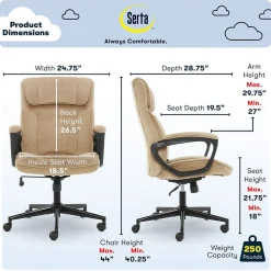 Serta Office Chairs<Executive Office Chair, Microfiber, Light Beige, Seat Size: 20.75''W x 19.5"D, Back Size: 20.25"W x 26.50"H (CHR200002)