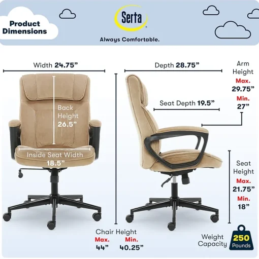 Serta Office Chairs<Executive Office Chair, Microfiber, Light Beige, Seat Size: 20.75''W x 19.5"D, Back Size: 20.25"W x 26.50"H (CHR200002)