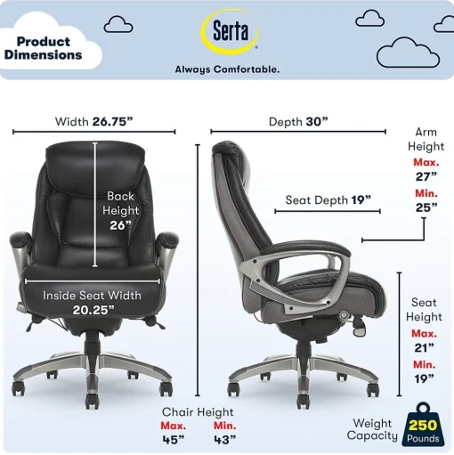 Serta Office Chairs<Launtner Bonded Leather Executive Office Chair with Smart Layers Technology, Opportunity Gray/Black (44942A)