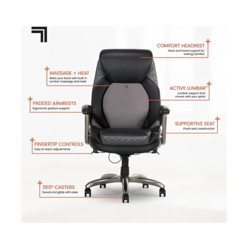 Sharper Image Ergonomic Chairs<S-600 Active Lumbar Ergonomic Bonded Leather Swivel Executive Massage Chair, (60098-BLK)