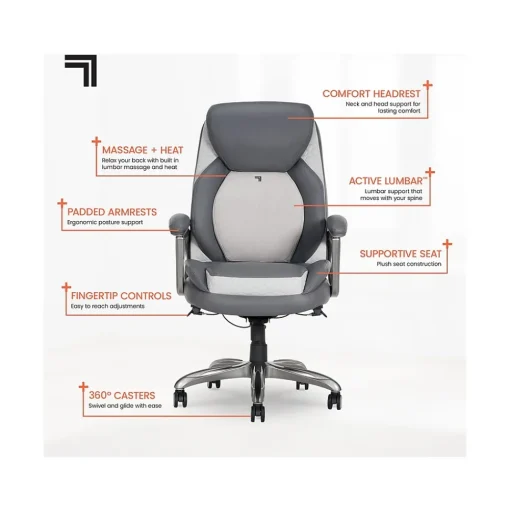 Sharper Image Ergonomic Chairs<S-600 Active Lumbar Ergonomic Bonded Leather Swivel Executive Massage Chair, (60098-GRY)