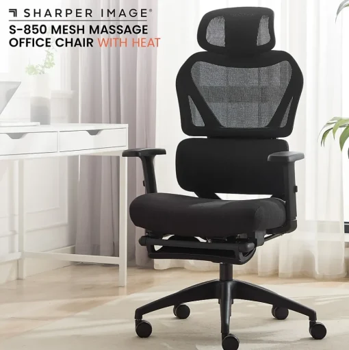 Sharper Image Office Chairs<S850 Ergonomic Mesh Swivel Massage with Heat Executive Task Chair with Footrest, Black (60106-BLK)