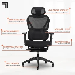 Sharper Image Office Chairs<S850 Ergonomic Mesh Swivel Massage with Heat Executive Task Chair with Footrest, Black (60106-BLK)