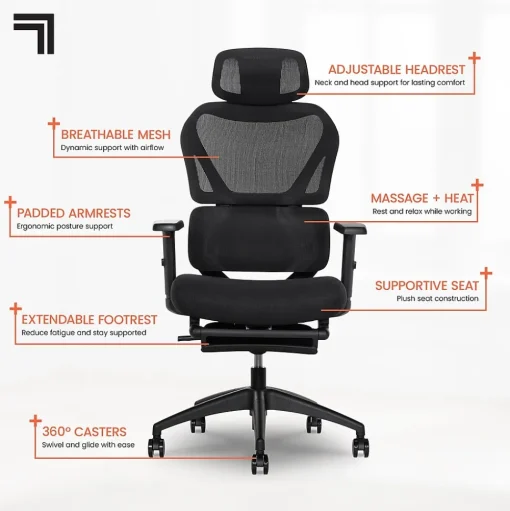 Sharper Image Office Chairs<S850 Ergonomic Mesh Swivel Massage with Heat Executive Task Chair with Footrest, Black (60106-BLK)