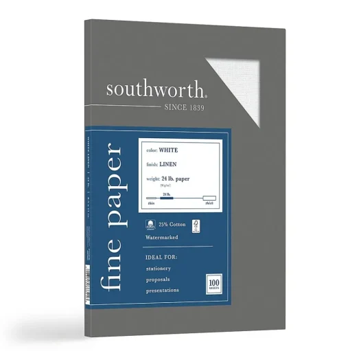 Southworth Resume Paper<25% Cotton Business Paper, 8.5" x 11", 24 lb. Linen Finish, White, 100 Sheets/Pack (P554CK)