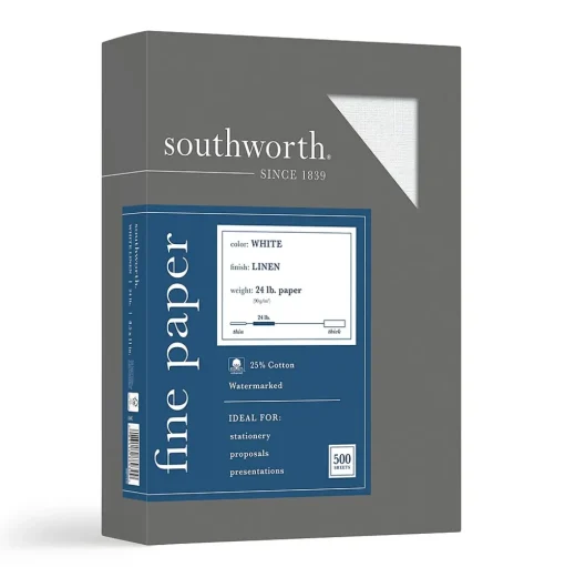 Southworth Resume Paper<Fine Paper, 8.5" x 11", 24 lbs, Linen-Finish, White, 500/Box (554C)