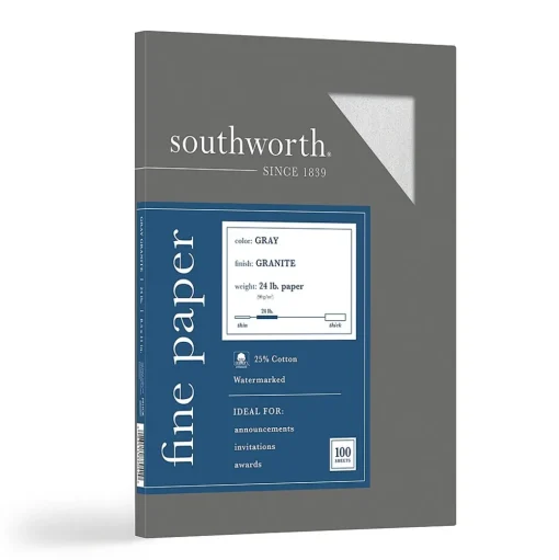 Southworth Resume Paper<Granite Specialty Paper, 8.5" x 11", 24 lb., Smooth Finish, Gray, 100 Sheets/Box (P914CK)