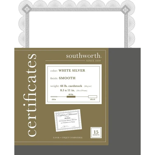 Southworth Awards & Certificates<Premium Spiro Design Certificates, 8.5" x 11", White/Silver, 15/Pack (CTP2W)