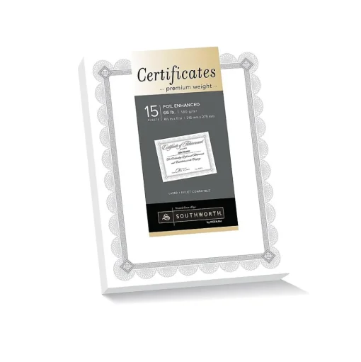 Southworth Awards & Certificates<Premium Spiro Design Certificates, 8.5" x 11", White/Silver, 15/Pack (CTP2W)