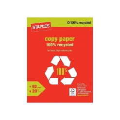 Staples Copy Paper<100% Recycled 8.5" x 11" Copy Paper, 20 lbs., 92 Brightness, 500/Ream (620016)