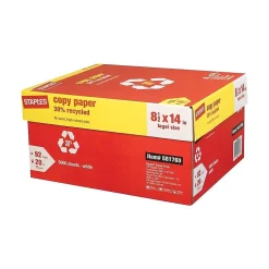 Staples Copy Paper<30% Recycled Copy Paper, 8.5" x 14", 20 lbs., White, 500 Sheets/Ream, 10 Reams/Carton (112380)