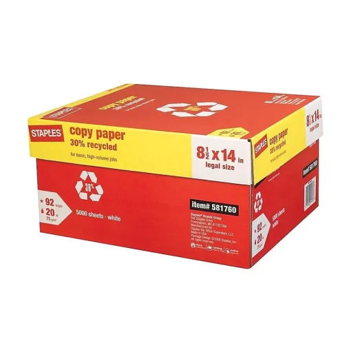 Staples Copy Paper<30% Recycled Copy Paper, 8.5" x 14", 20 lbs., White, 500 Sheets/Ream, 10 Reams/Carton (112380)