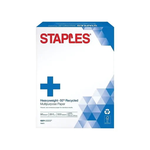 Staples Multipurpose Paper<50% Recycled Heavyweight 8.5" x 11" Multipurpose Paper, 28 lbs., 96 Brightness, 500/Ream (86058)